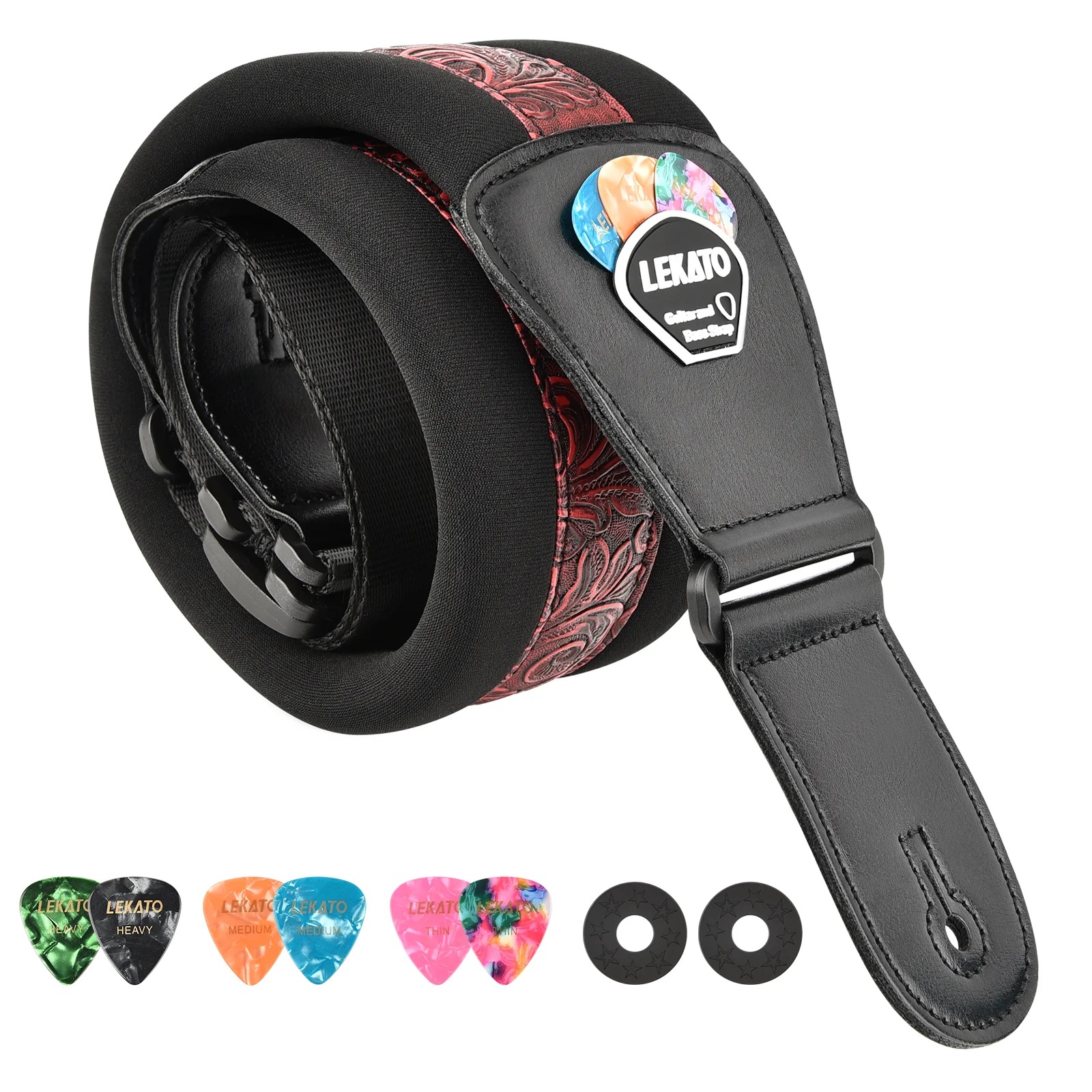 Padded and Comfortable Guitar Strap with Pick Holder - Baroque Model in Intense Red