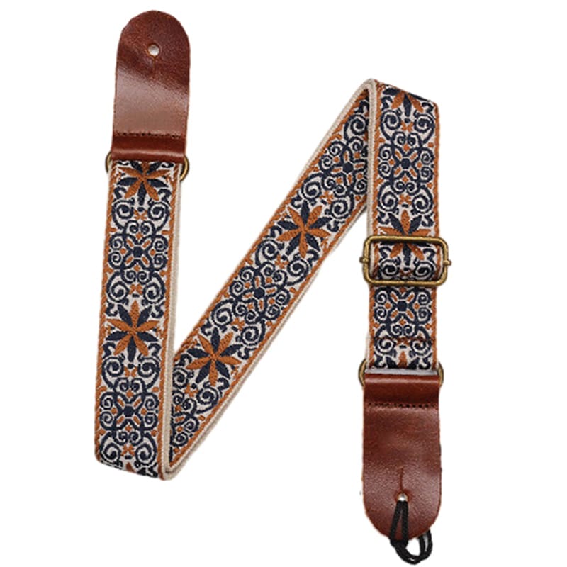 Vintage Ukulele Strap with Bohemian Flowers in Blue and Ochre