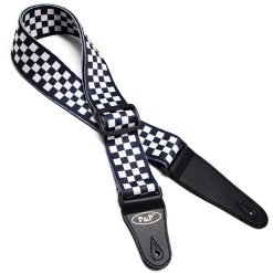 Vintage rock style guitar strap with black and white checkered pattern.