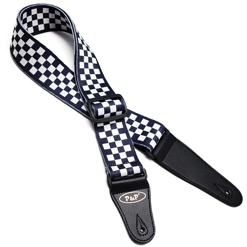 Vintage rock style guitar strap with black and white checkered pattern.