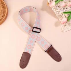 Vintage Guitar Strap with Flowers in Pastel Blue and Pink Tones