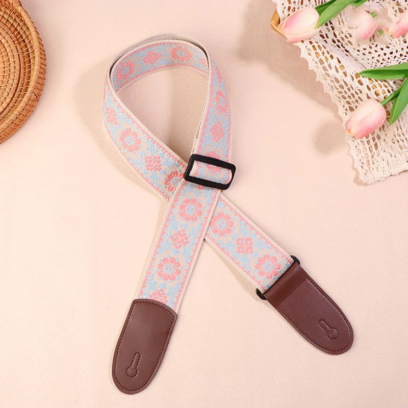 Vintage Guitar Strap with Flowers in Pastel Blue and Pink Tones