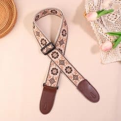 Vintage Guitar Strap with Retro Flowers in Brown and Cream Colors