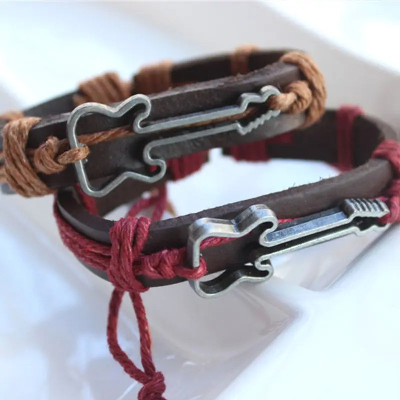 Full view of the rock guitar bracelet made from bohemian string.