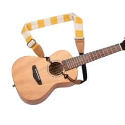 Front view of a ukulele strap with sun yellow stripes