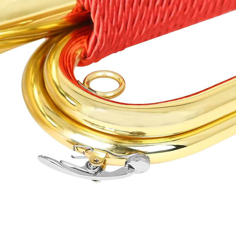 Detailed view of a Spanish Marching Bugle made of Golden Brass with a Case, Wind Instruments