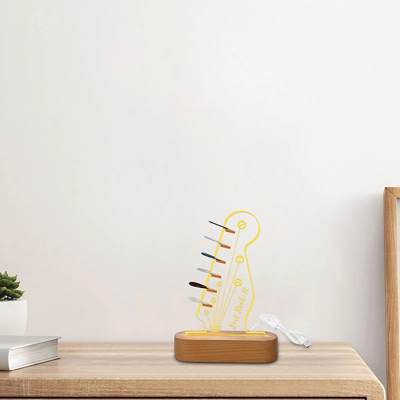 Just Rock It LED Guitar Night Light - Luminous Pick Holder with Wooden Base