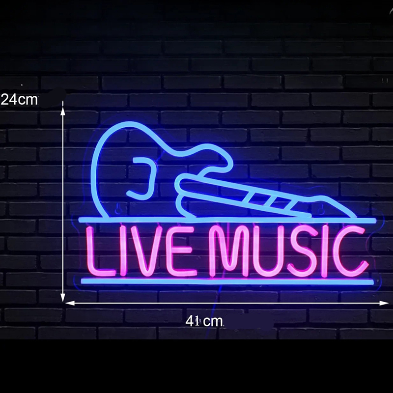 Dimensions of Neon LED Signboard Shaped Like a Guitar with Live Music