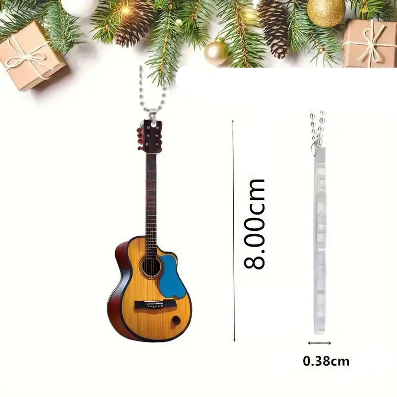 Acoustic Guitar Keychain Dimensions - Vintage Wood Model & Blue Pick (8 cm)
