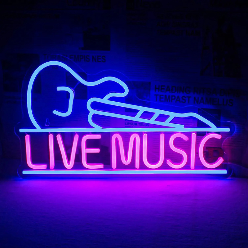 Illuminated Neon LED Sign of a Guitar with Live Music