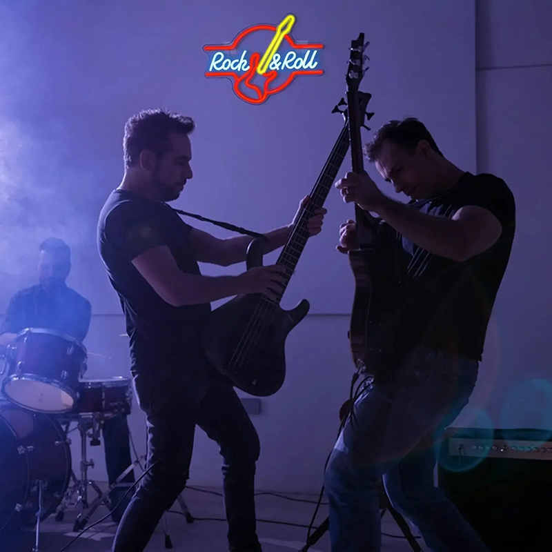 Illuminated Neon LED Sign of a Guitar - Rock & Roll