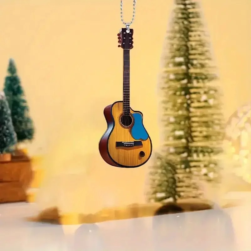 Vintage Acoustic Guitar Model Wooden Keychain & Blue Pick (8 cm)