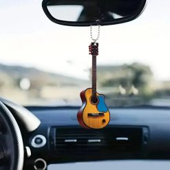 Acoustic Guitar Keychain - Vintage Wood Model & Blue Pick (8 cm)