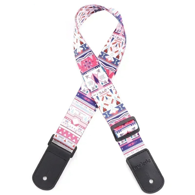 Vintage Guitar Strap with Tribal Ethnic Motifs in Pink and Indigo