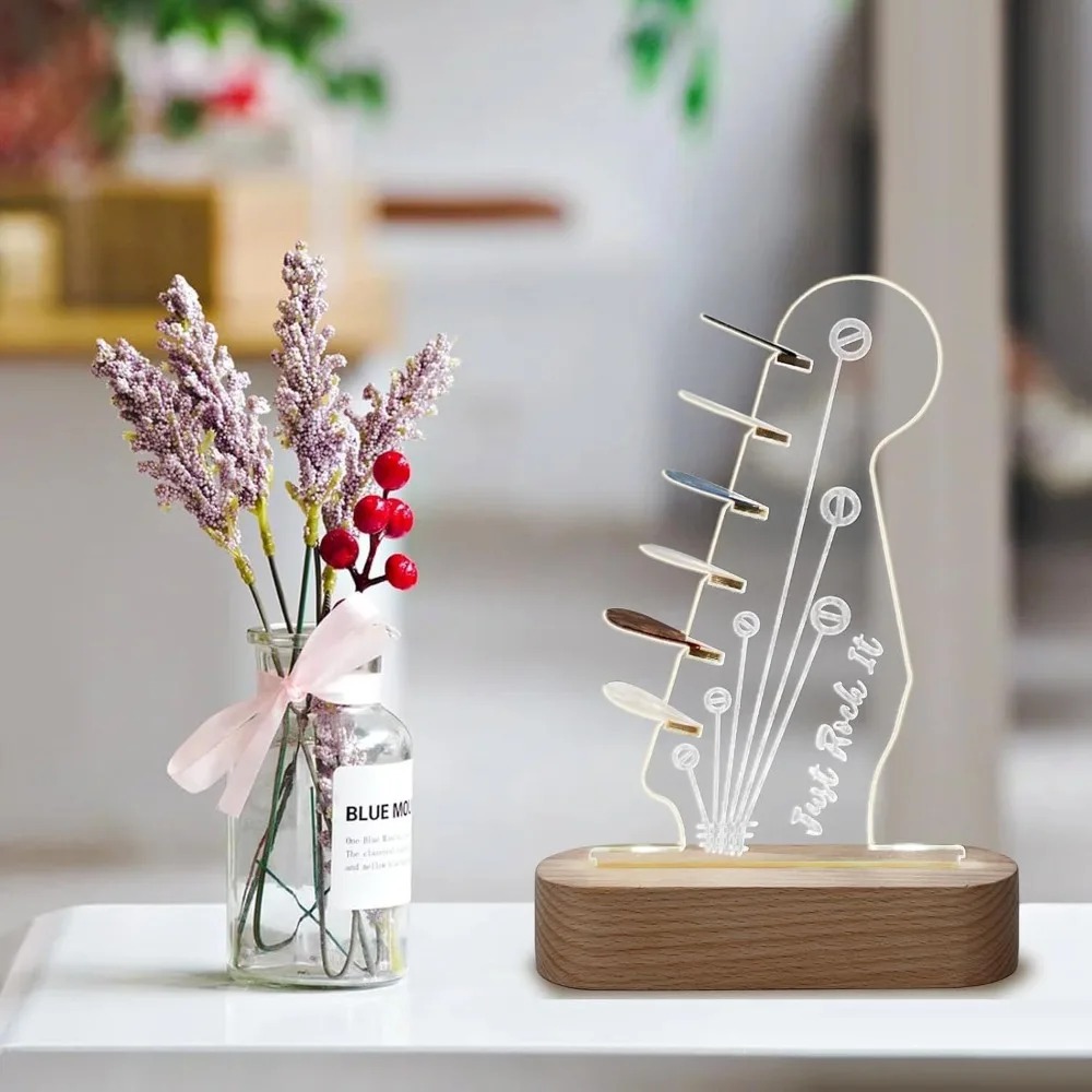Beautiful LED Night Light Guitar Just Rock It with Luminous Pick Holder on Wooden Base