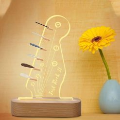 LED Nightlight Guitar Just Rock It with Luminous Pick Holder on a Wooden Base