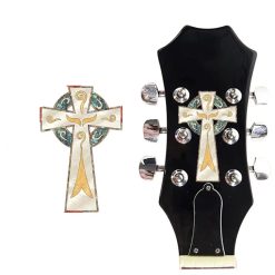 Autocollant de Tête de Guitare Croix Céleste - Motif Nacré Doré 47×73 mm