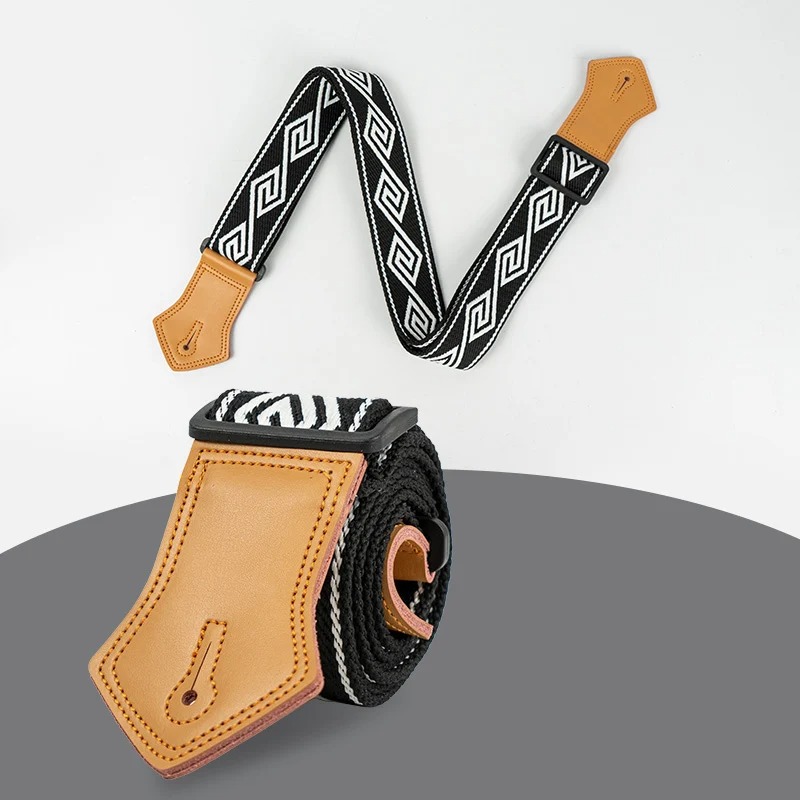 Sangle Guitare Vintage Tissée, Coton et Cuir, Réglable Motif Boho Noir et Blanc pour Guitare Acoustique Électrique