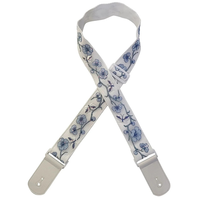 Sangle Guitare Classique Fleurs Bleues Perle Ivoire