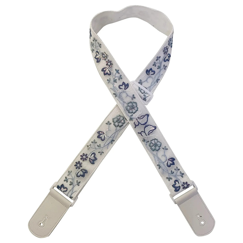 Sangle Guitare électrique Fleurs Bleues Brume Ivoire