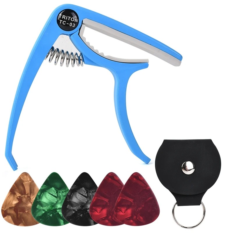 Capodastre de guitare acoustique et électrique - avec 5 médiators ET Porte médiator inclus couleur bleu