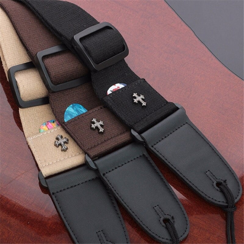 Sangle de guitare avec poche médiator et motif Croix