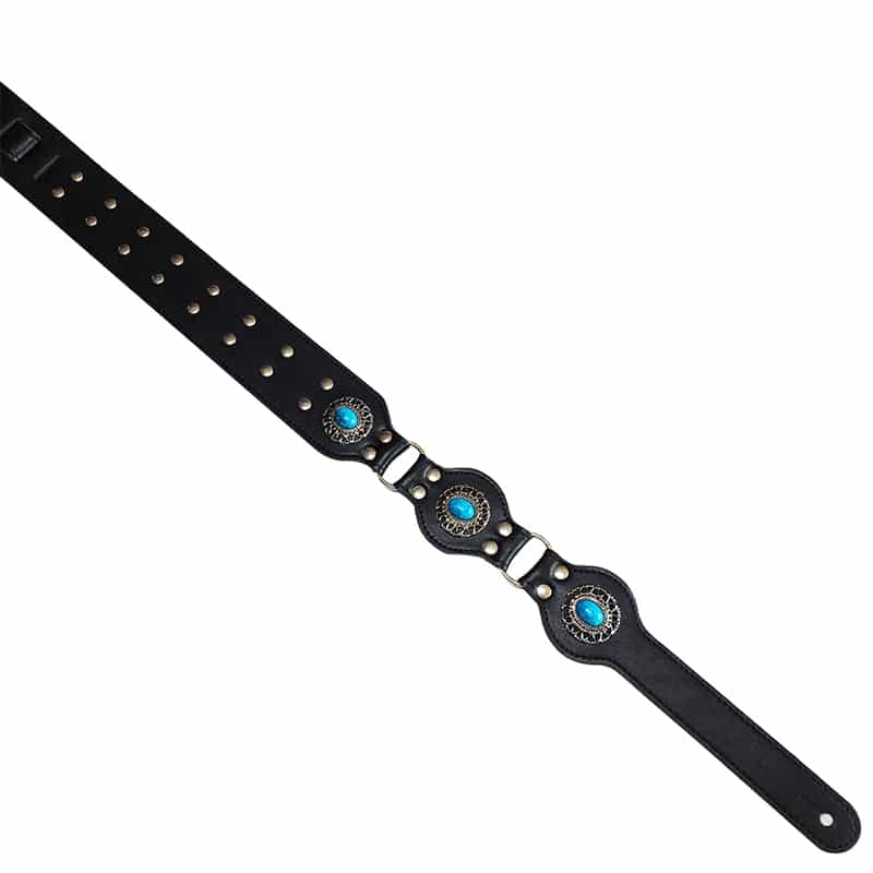 Sangle de guitare en cuir incrustée de médaillons turquoises