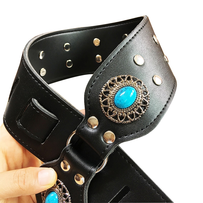 Sangle guitare en cuir incrustée de médaillons turquoises