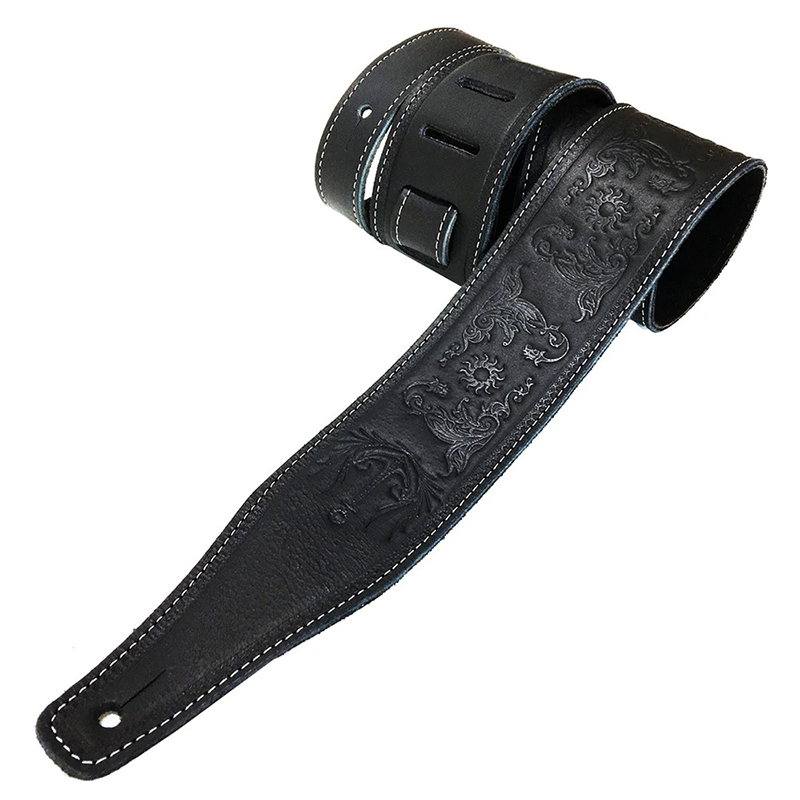 Sangle noire en cuir imprimé en relief volutes charmantes - modele 1