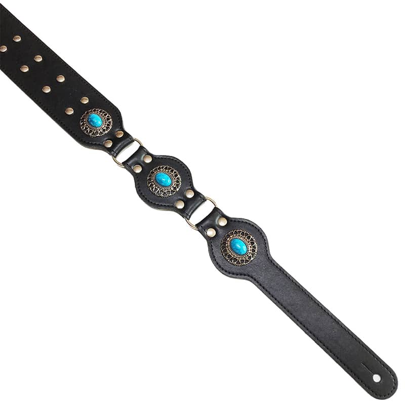 Sangle pour guitare en cuir incrustée de médaillons turquoises