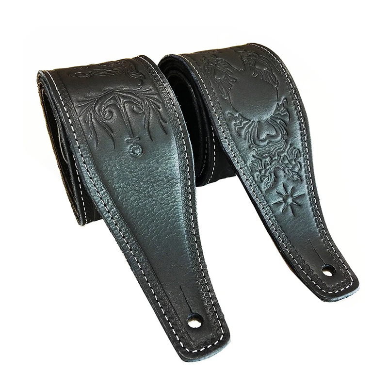 accroche de la Sangle noire en cuir imprimé en relief volutes charmantes