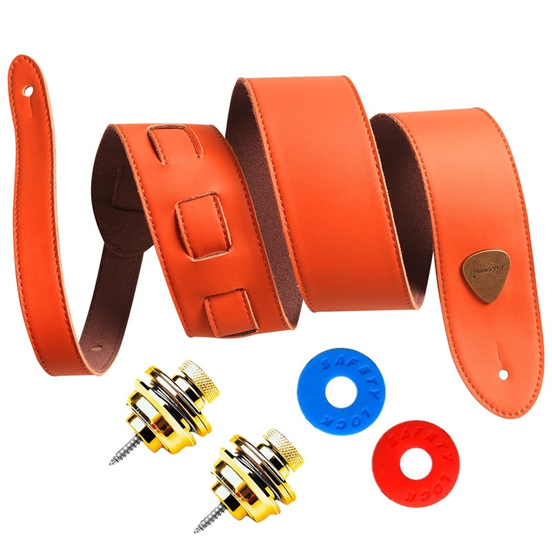 sangle de guitare en cuir véritable large et souple - avec kit - couleur orange