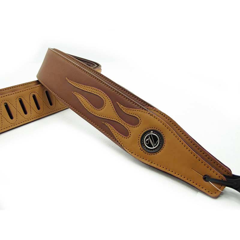 Sangle guitare en cuir pour basses couleur marron motif flamme beige