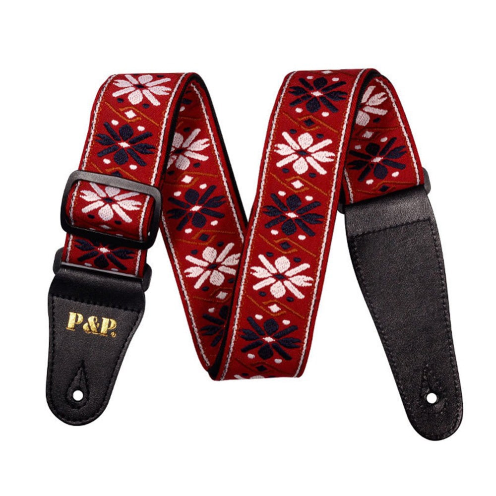 Sangle guitare Vintage fleurs et motifs rouge