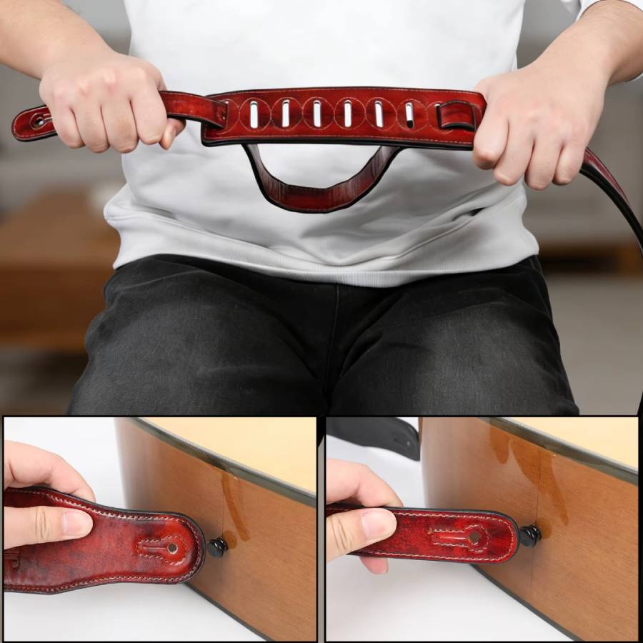 détails complets de la Sangle de Guitare en Cuir Artisanale Patine Bourbon Prestige