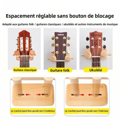 Détails complets du Support Mural Guitare Design Bois Naturel & Base Colorée - 7 couleurs au choix