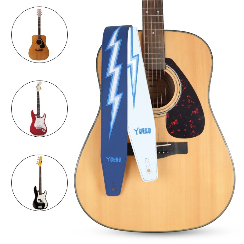 Avant Sangle de Guitare Électrique Vintage Réversible « Blue Lightning » - Éclair Brodé - Design Bicolore Bleu