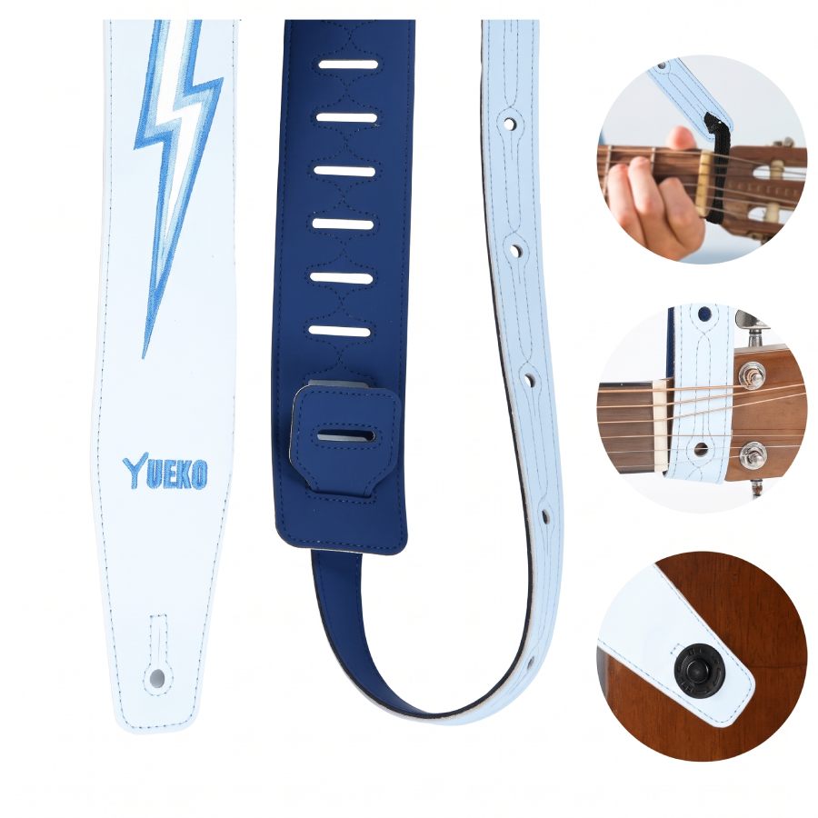 Sangle de Guitare Électrique Vintage Réversible « Blue Lightning » - Éclair Brodé Design Bicolore Bleu
