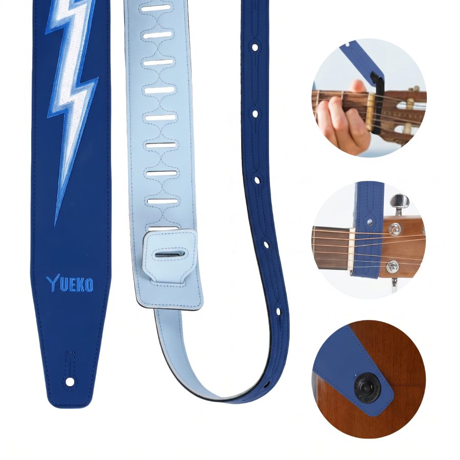 Sangle de Guitare Électrique Vintage Réversible « Blue Lightning » Éclair Brodé Design Bicolore Bleu