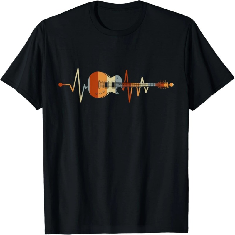 T-shirt guitare Battement Rock noir avec motif guitare électrique rétro dans une ligne de battement de cœur