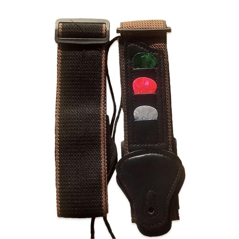 Vue de face de la sangle de guitare Vintage Road et de son extrémité porte-médiators